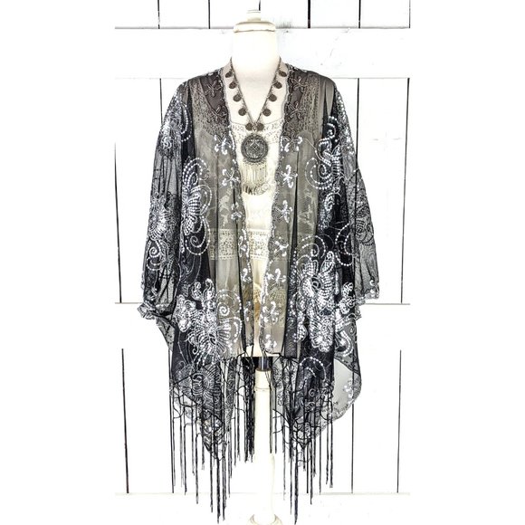 Silver black floral sequin sheer kimono cover up jacket - Picture 2 of 4